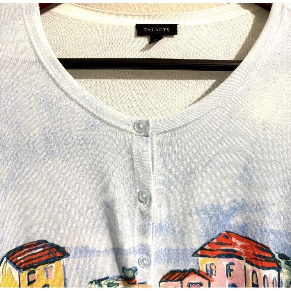 Talbots XL Cardigan Sweater Mediterranean Village Print Measures Like L - Picture 3 of 12